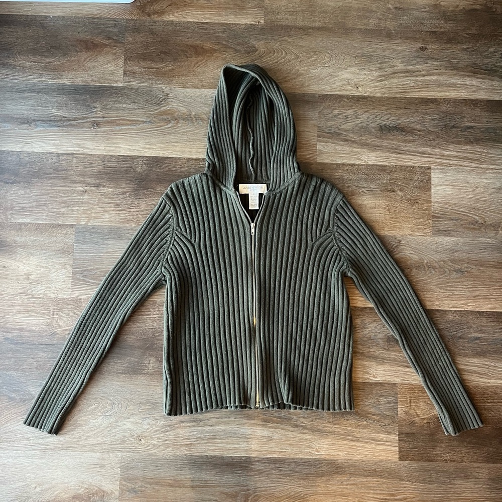 Jones New York Olive Hooded Ribbed Zip Sweater